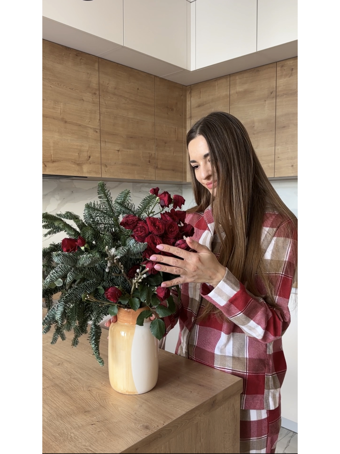 Домашняя женская пижама COSY в клетку красно/белая (рубашка+штаны)