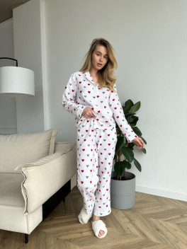 Домашня жіноча піжама COSY червоні сердця на білом (сорочка+штани)