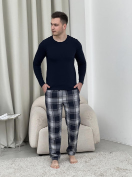 Домашній піжамний комплект для чоловіків COSY(штани+лонгслів НН) темно-синій/сірий